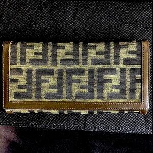 FENDI Zucca Navy Canvas and Brown Leather Snap Bifold Wallet